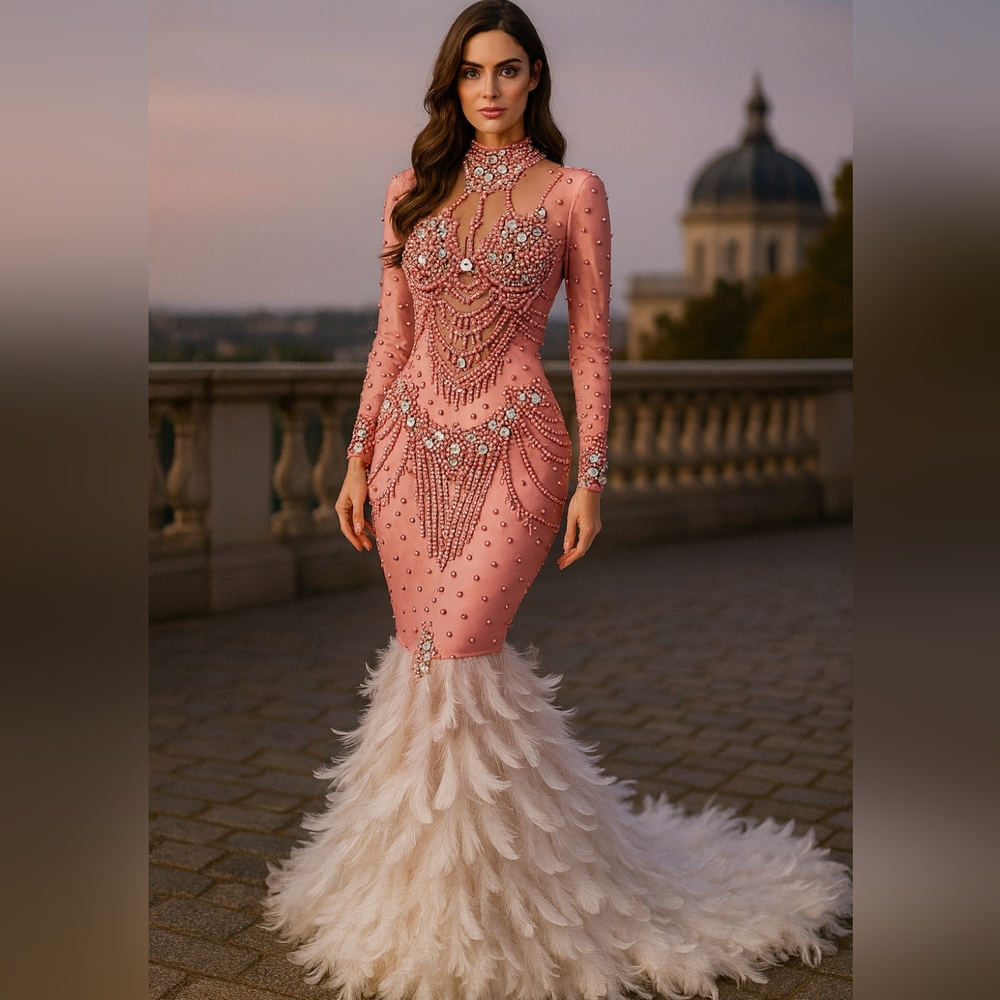 Pink Embellished prom Gown with Feather Train( also available with no train )